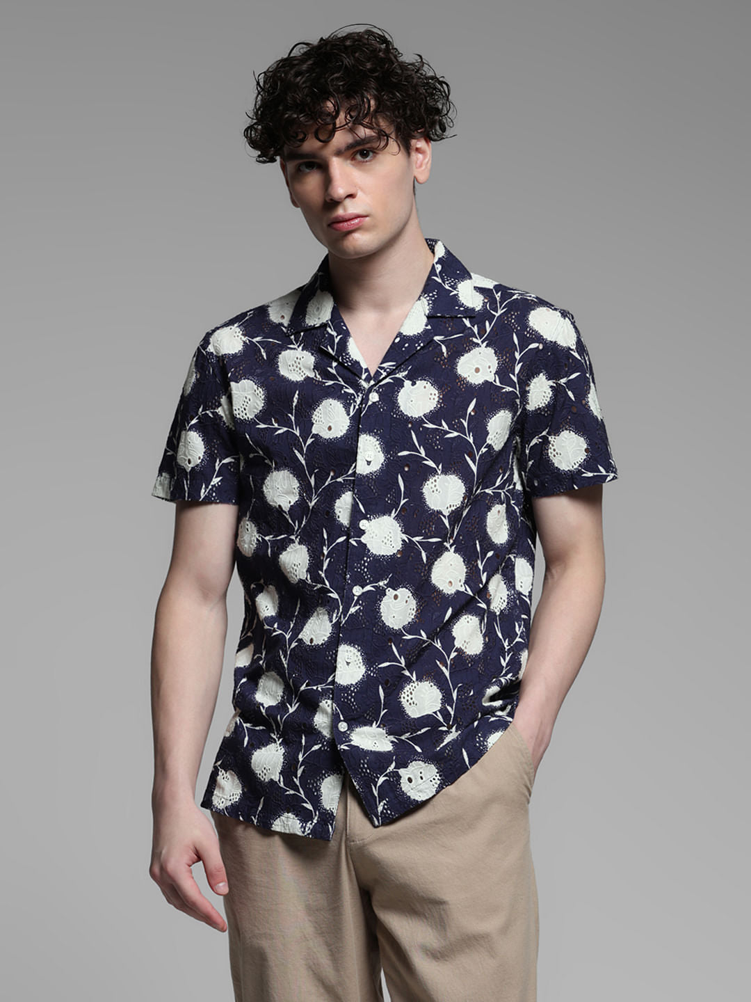 Blue Floral Embroidered Shirt