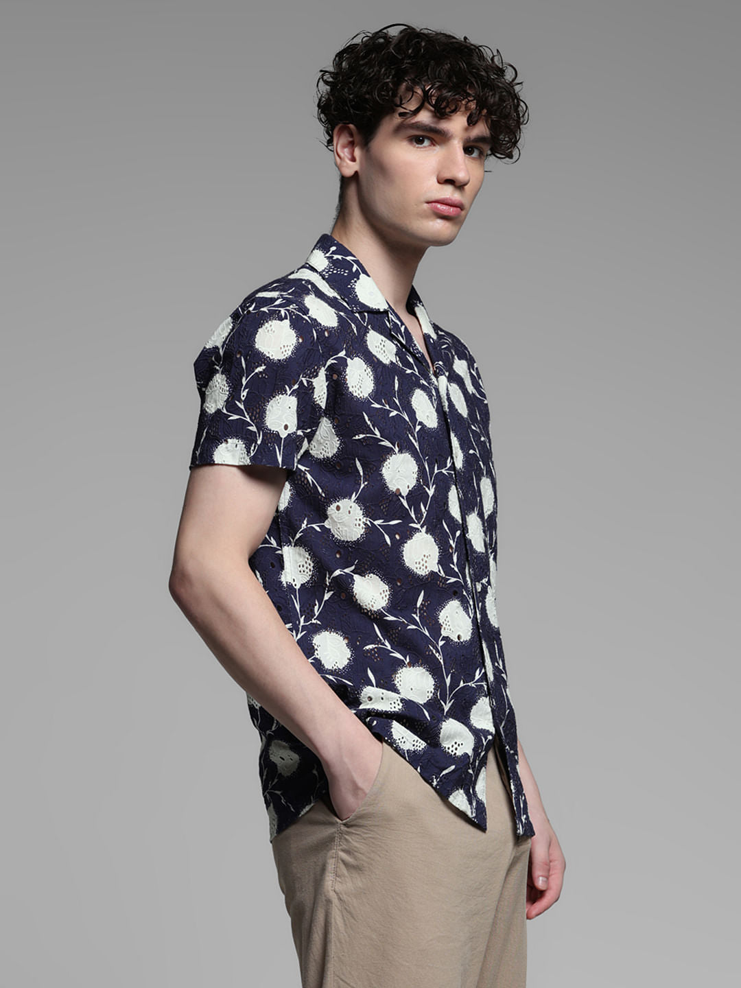 Blue Floral Embroidered Shirt