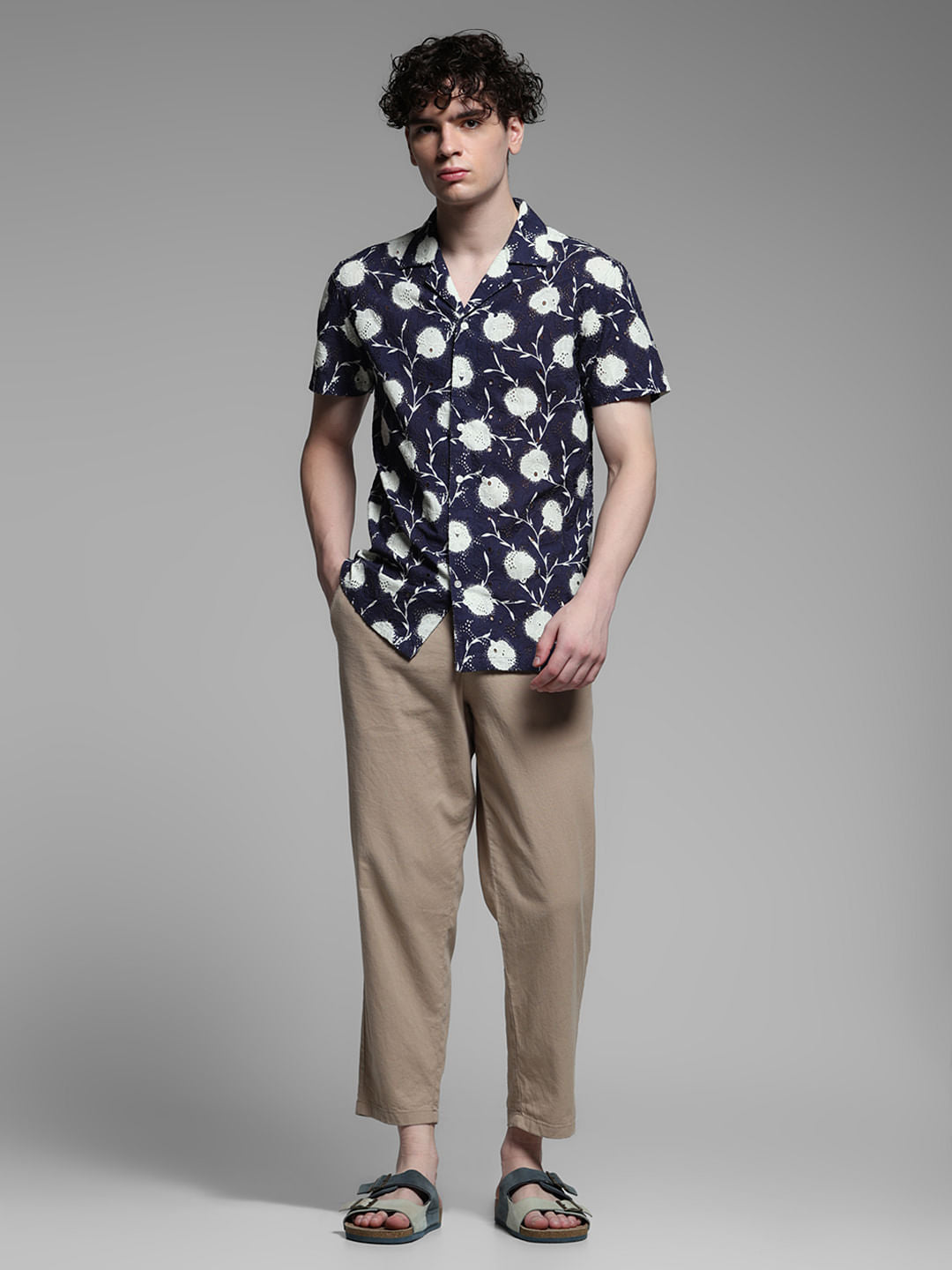 Blue Floral Embroidered Shirt