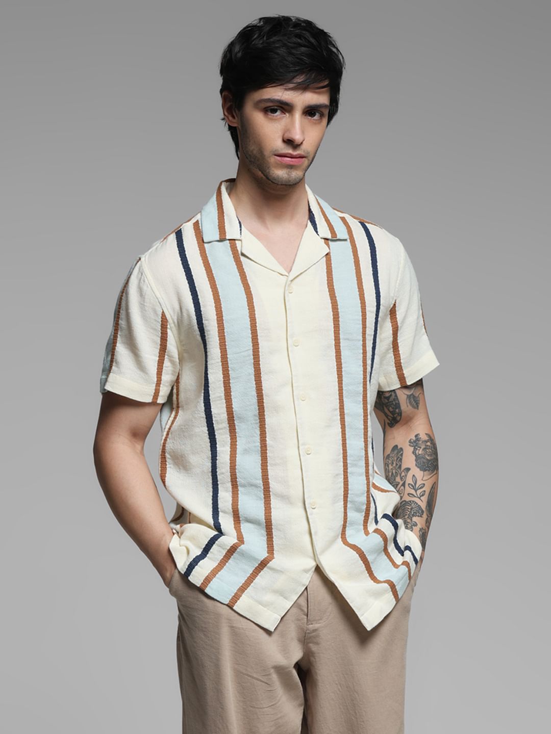 Beige Dobby Striped Shirt