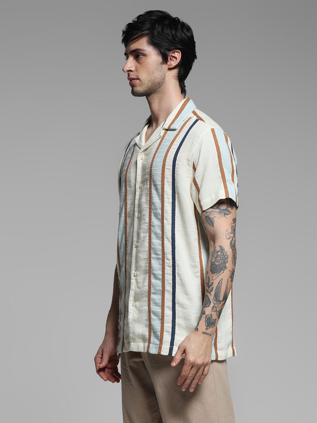 Beige Dobby Striped Shirt