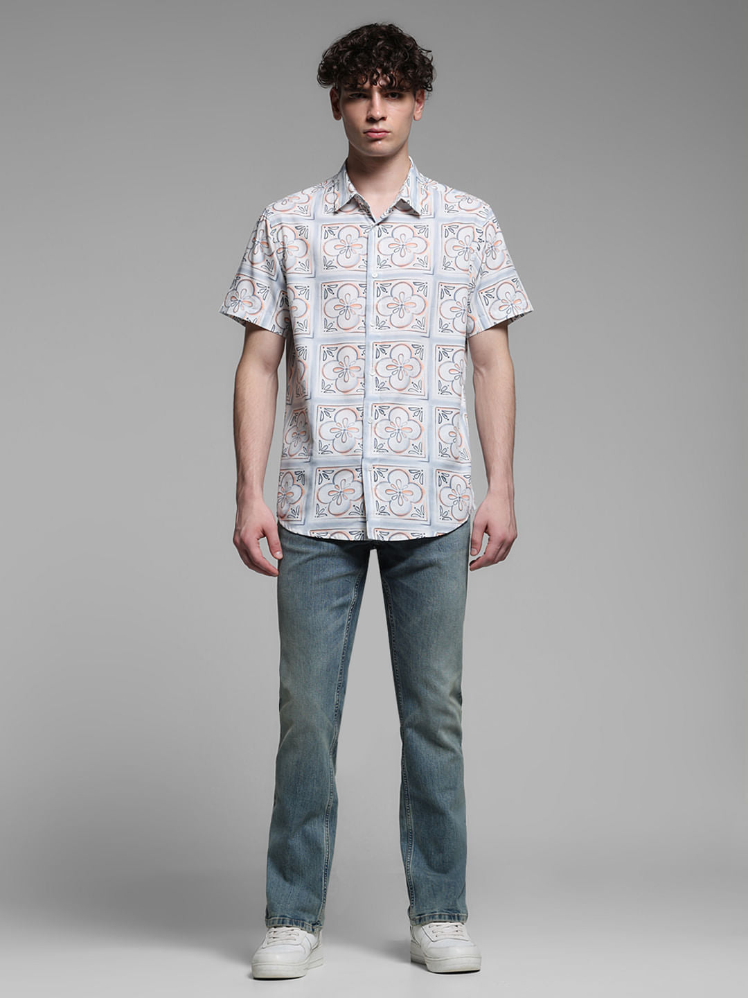 White Abstract Print Short Sleeves Shirt