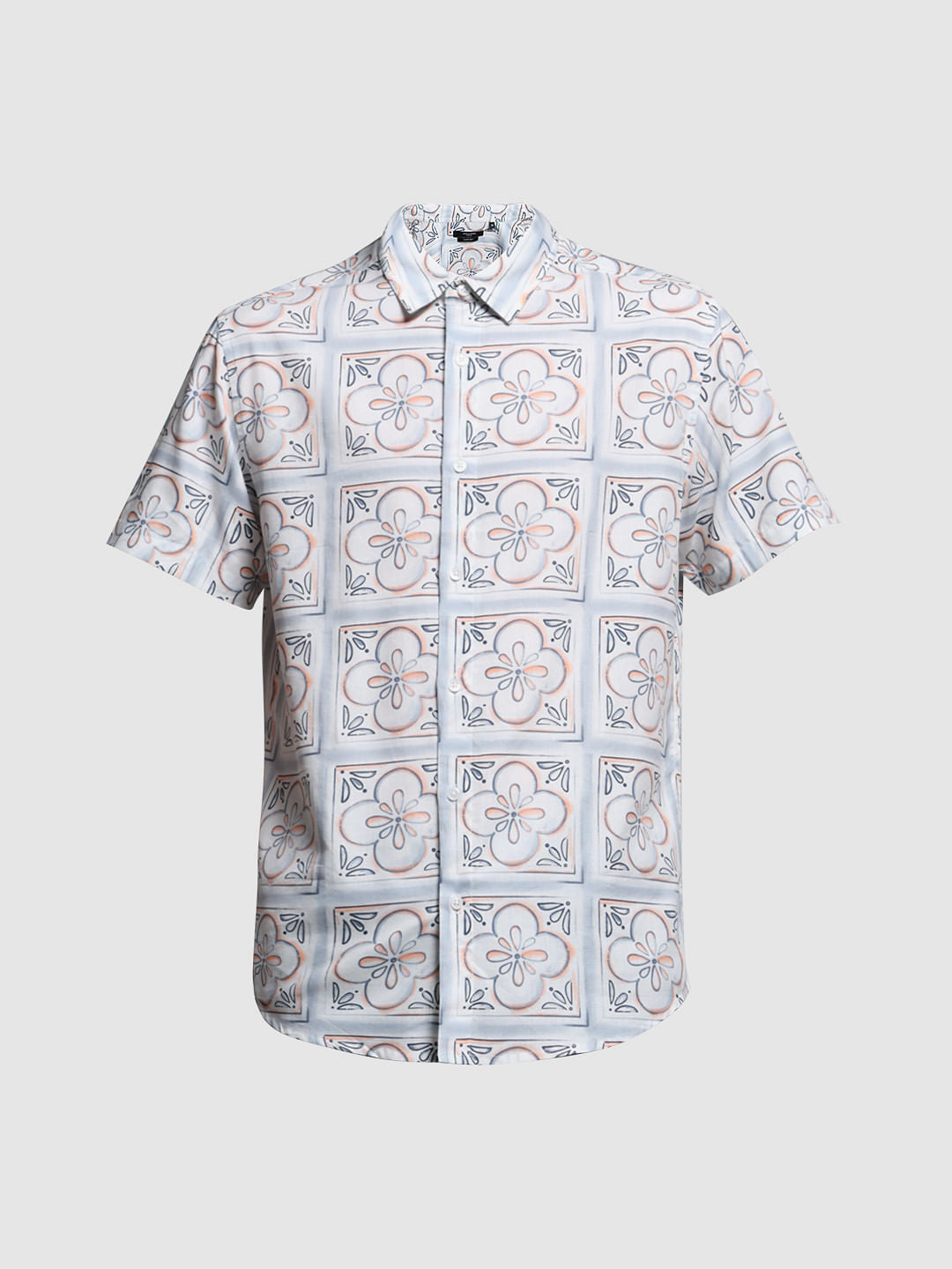 White Abstract Print Short Sleeves Shirt