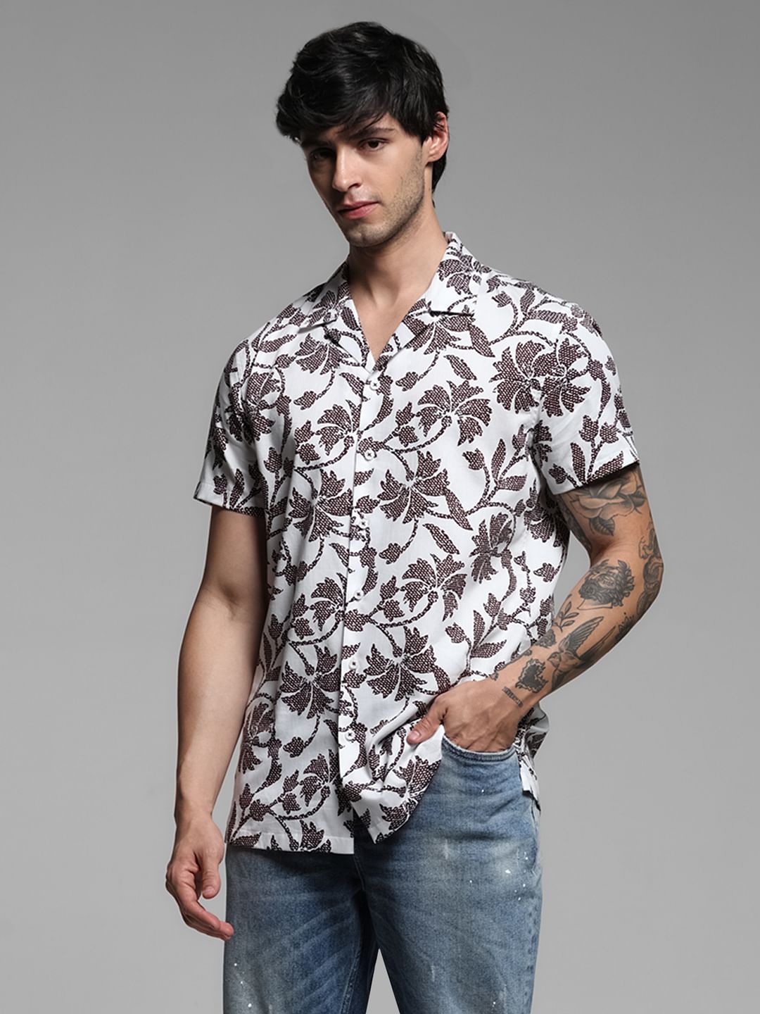 White Printed Short Sleeves Shirt