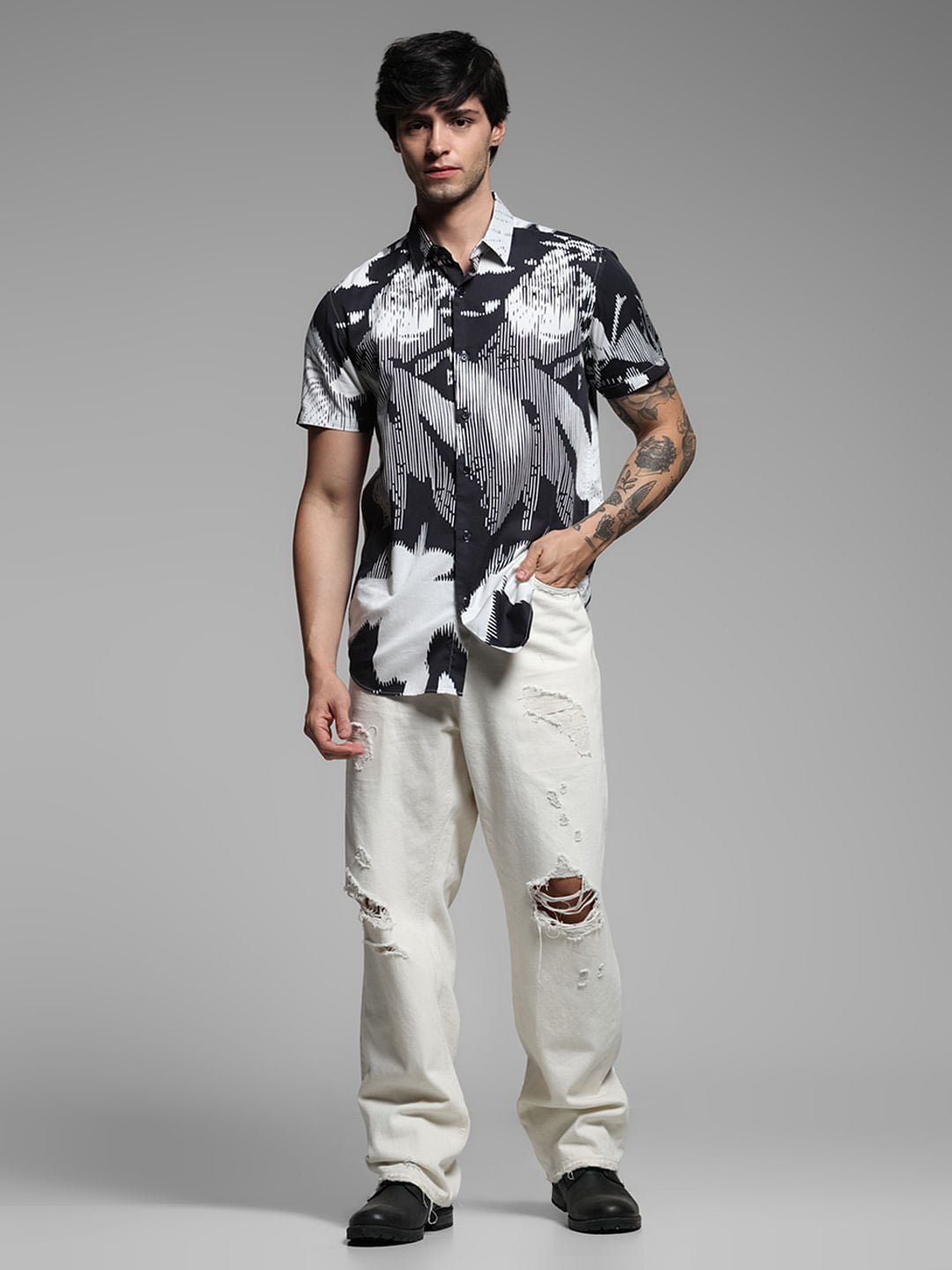 Black Printed Short Sleeves Shirt
