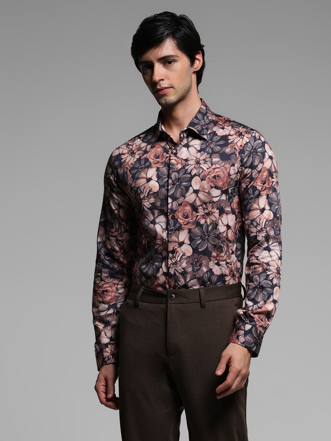 Brown Floral Cotton Full Sleeves Shirt
