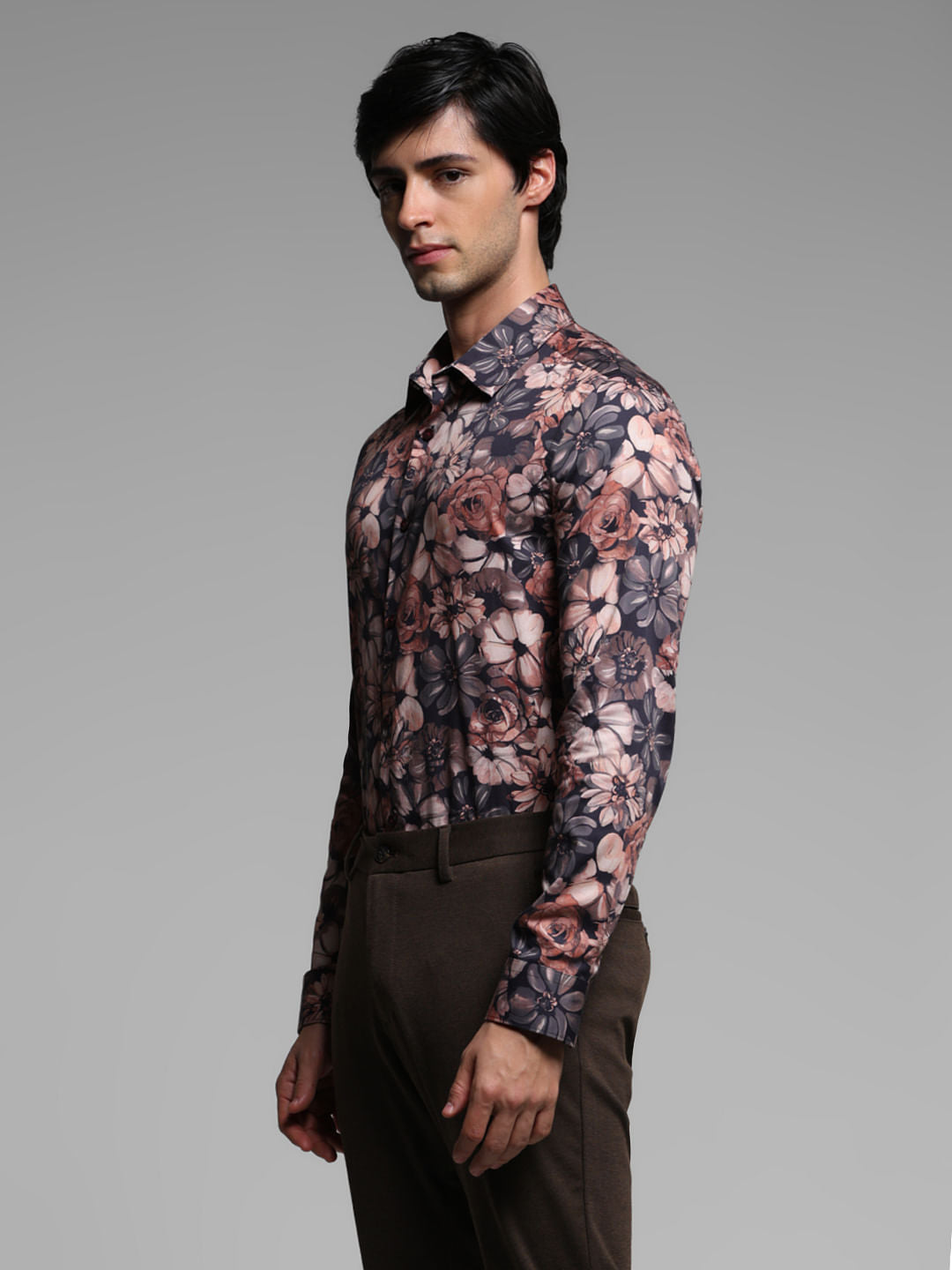 Brown Floral Cotton Full Sleeves Shirt