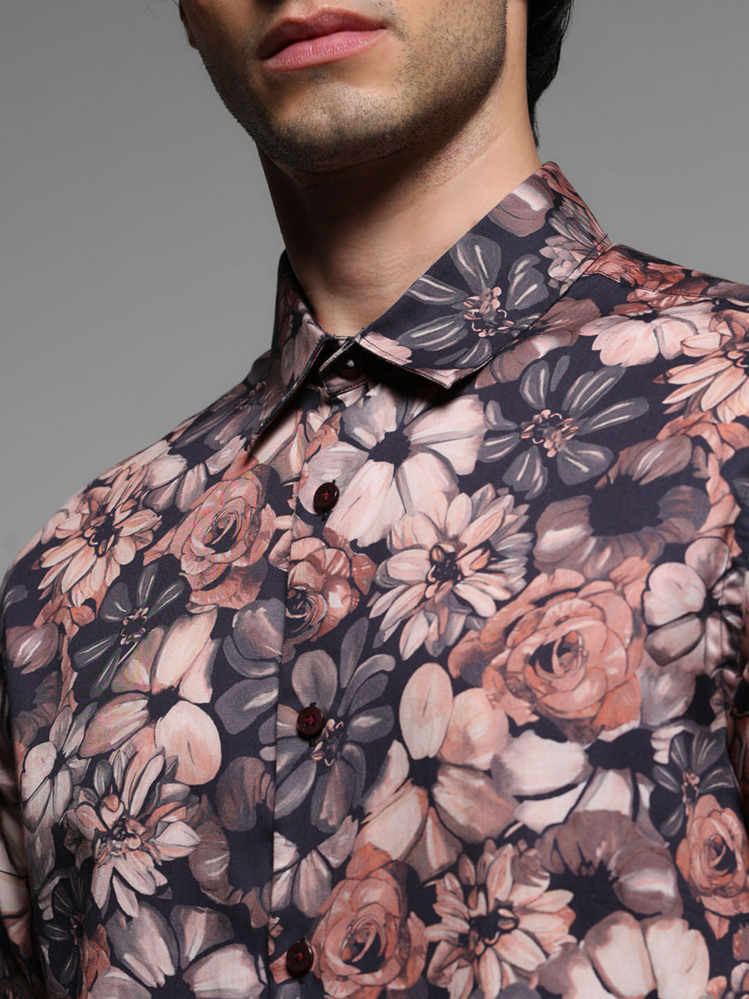 Brown Floral Cotton Full Sleeves Shirt