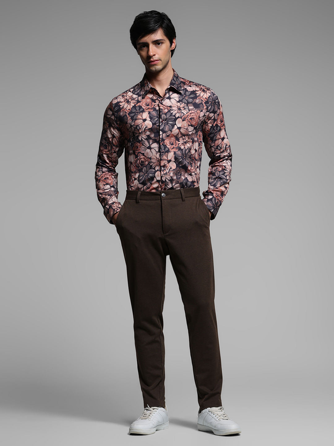Brown Floral Cotton Full Sleeves Shirt