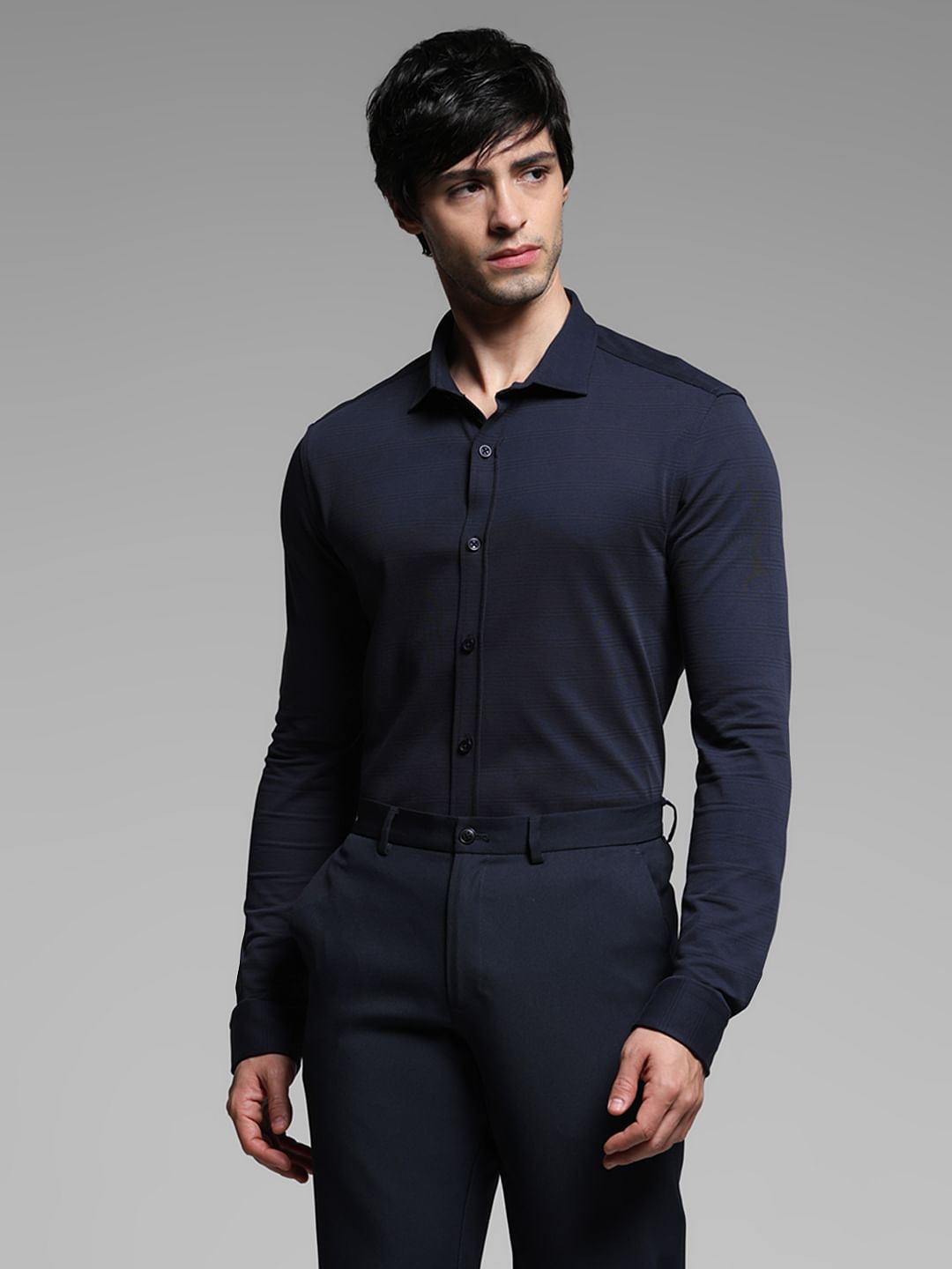 Blue Knitted Dobby Cotton Shirt