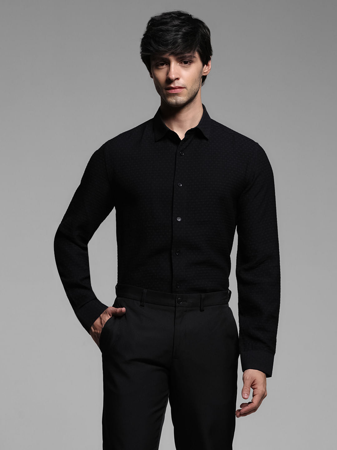 Black Dobby Full Sleeves Shirt
