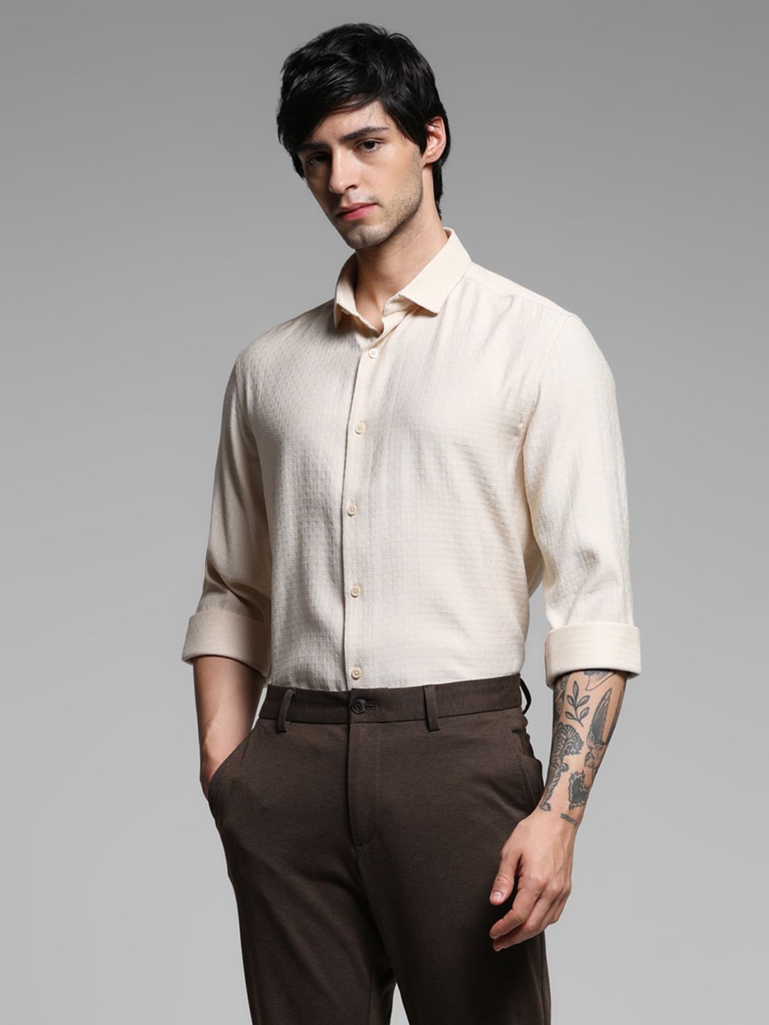 Beige Printed Dobby Viscose Shirt