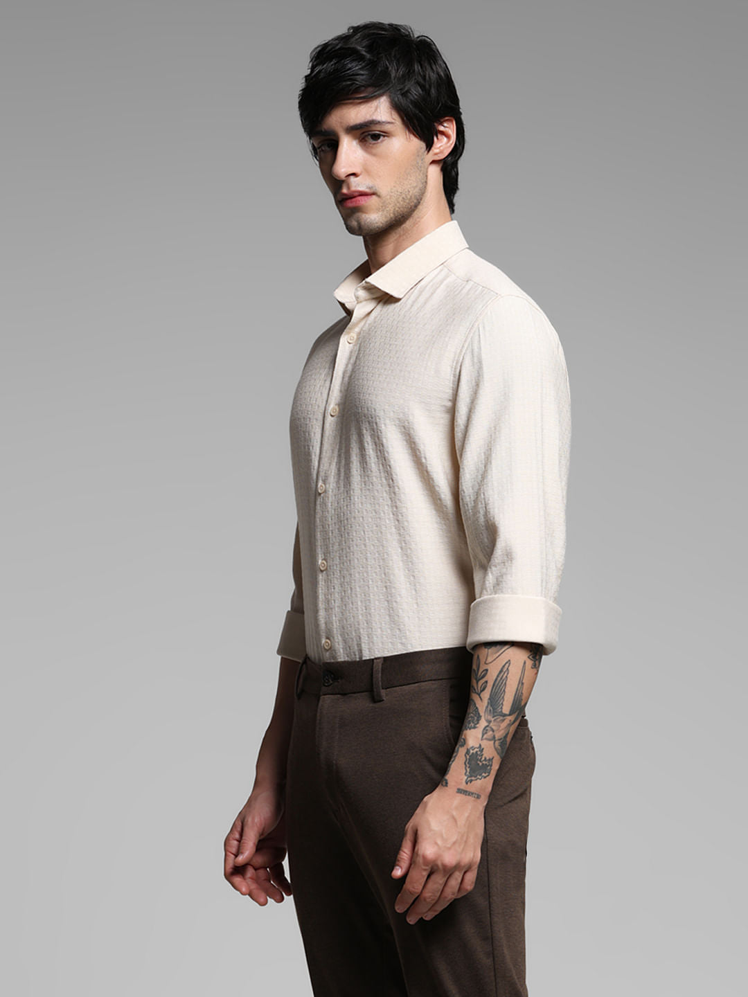 Beige Printed Dobby Viscose Shirt