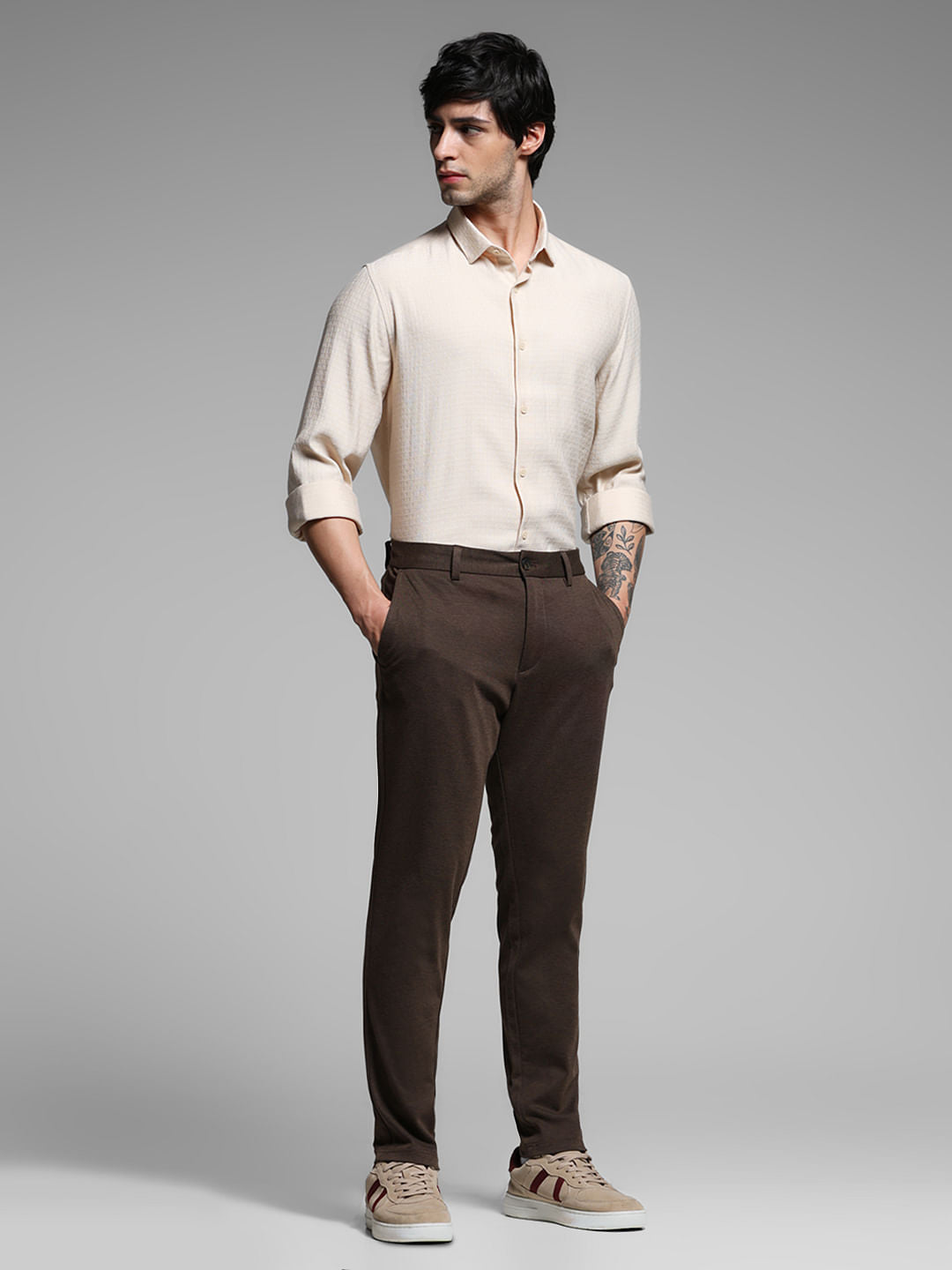 Beige Printed Dobby Viscose Shirt