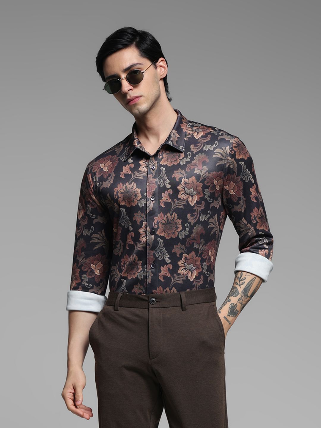 Brown Floral Print Knitted Shirt