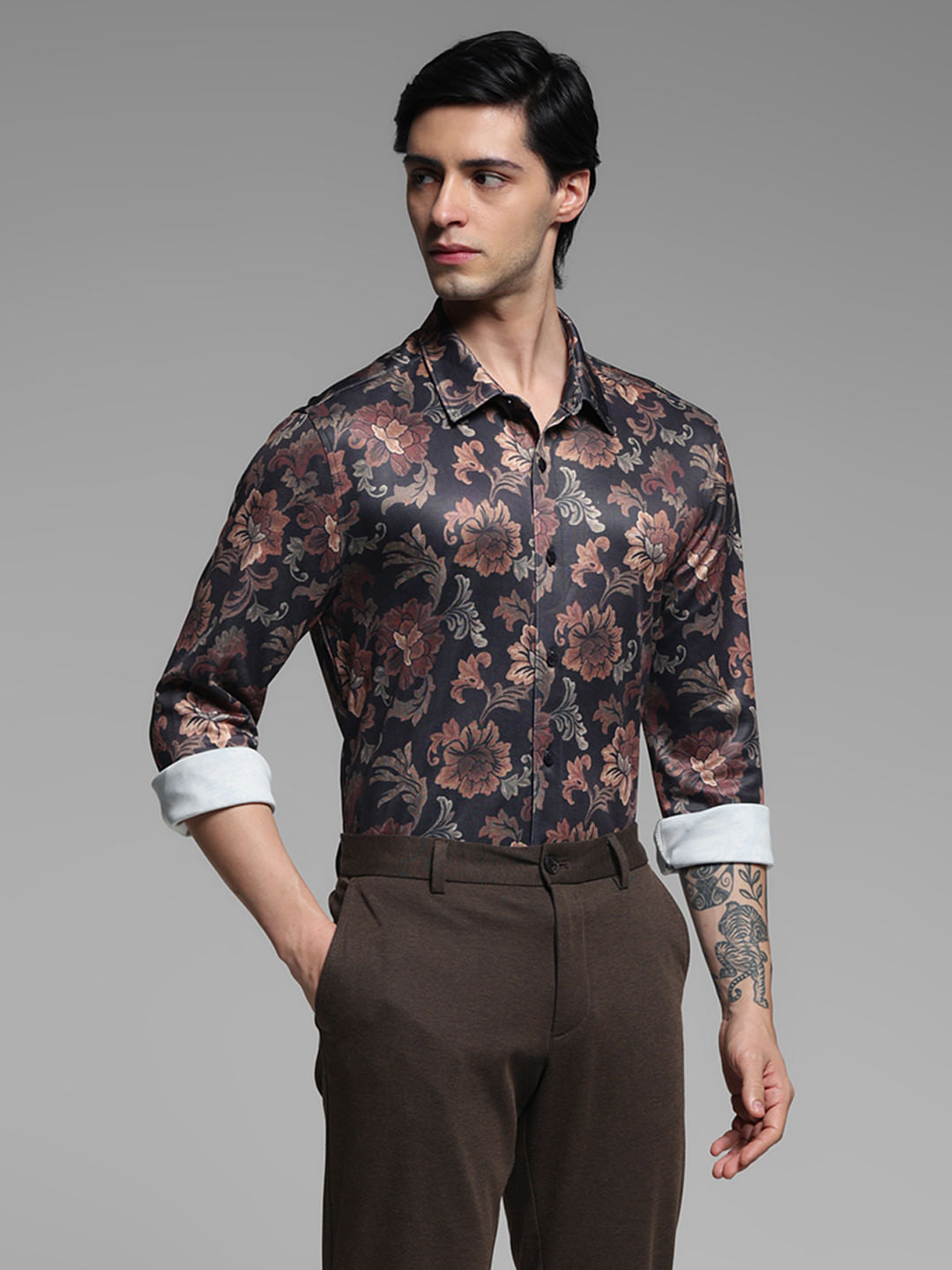 Brown Floral Print Knitted Shirt