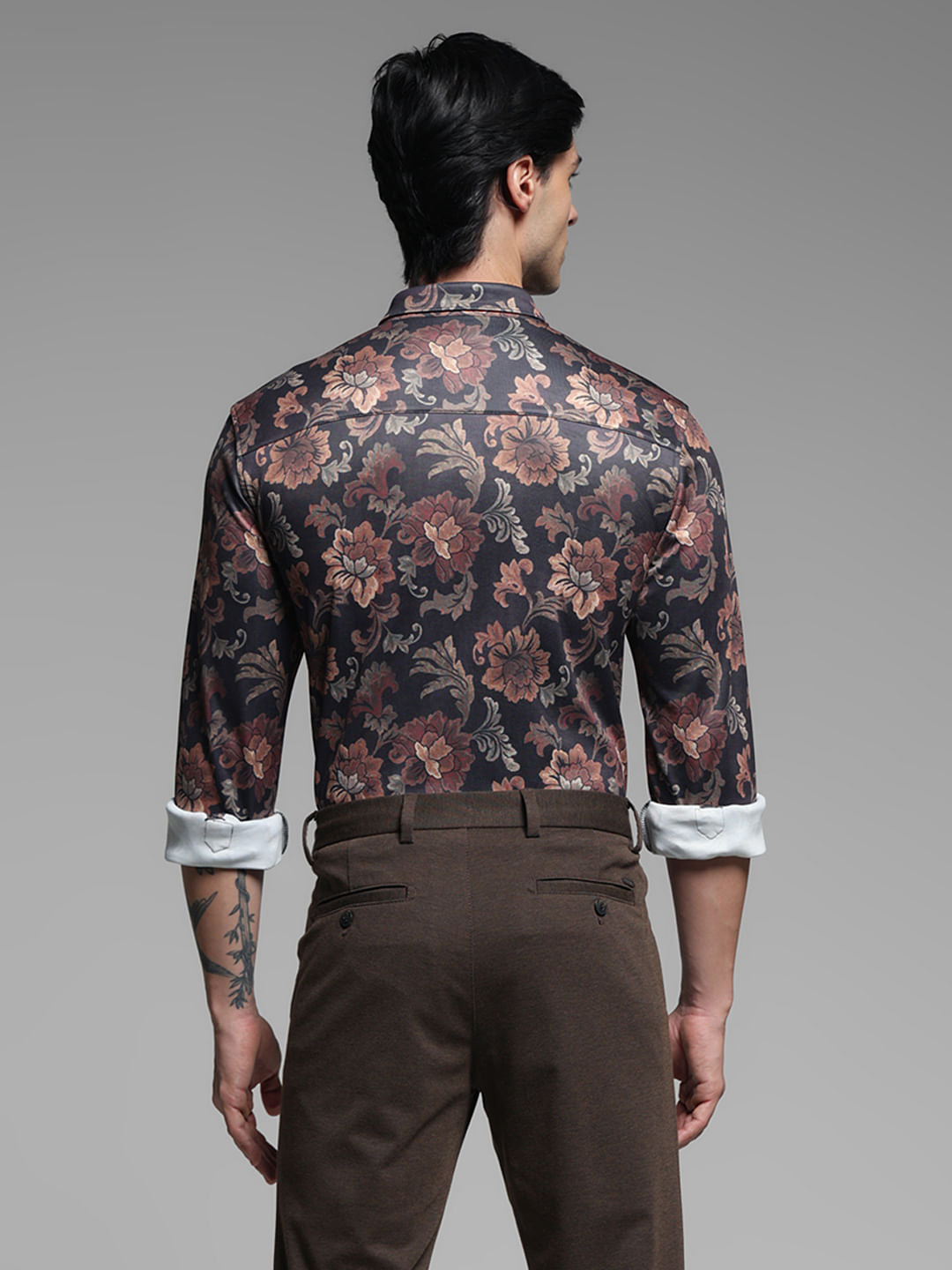 Brown Floral Print Knitted Shirt