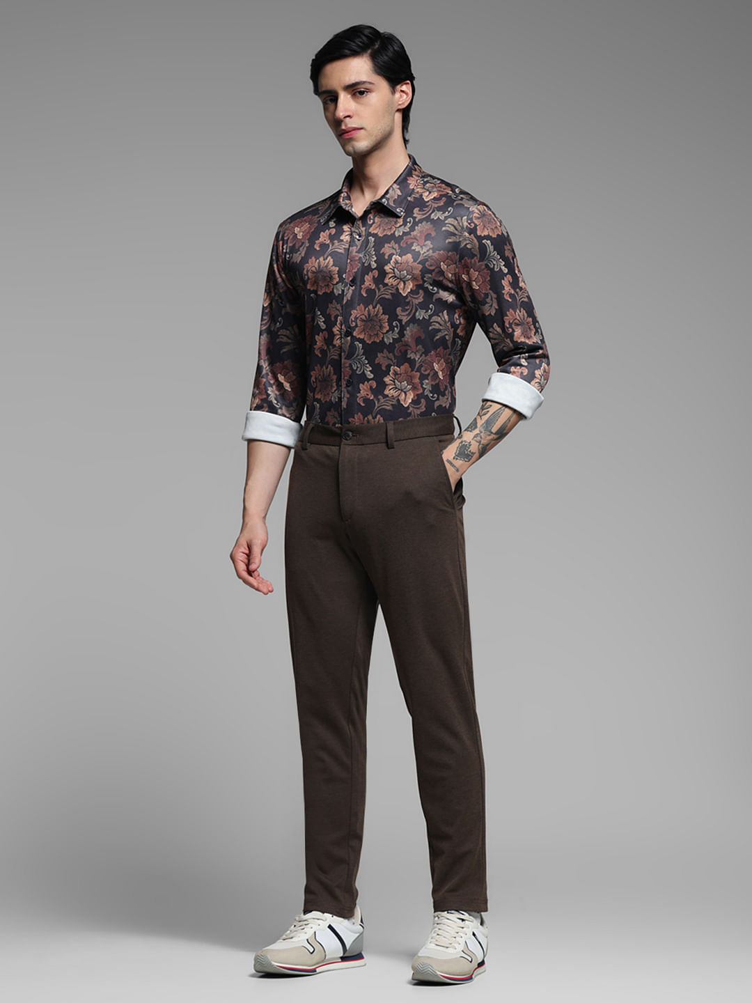 Brown Floral Print Knitted Shirt
