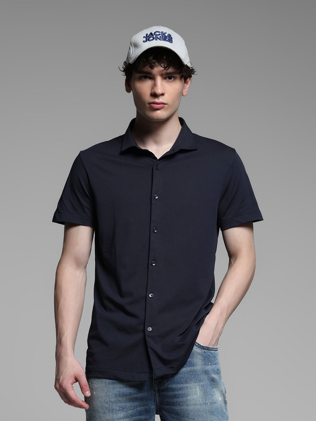 Dark Blue Knitted Short Sleeves Shirt