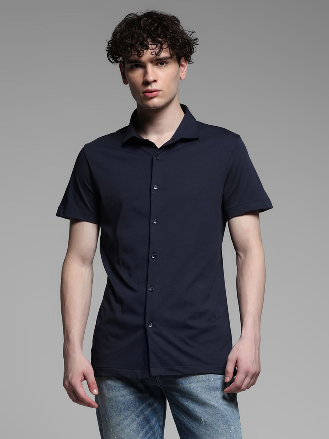 Dark Blue Knitted Short Sleeves Shirt