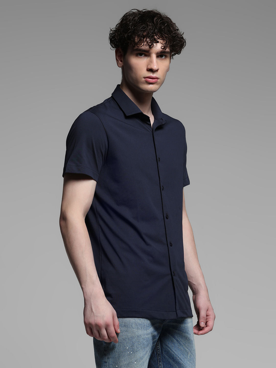 Dark Blue Knitted Short Sleeves Shirt
