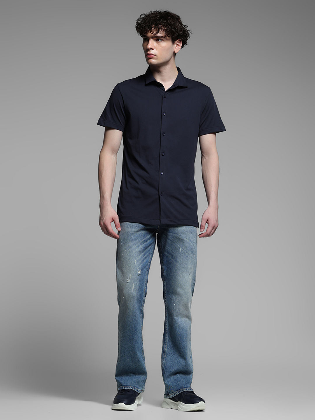 Dark Blue Knitted Short Sleeves Shirt