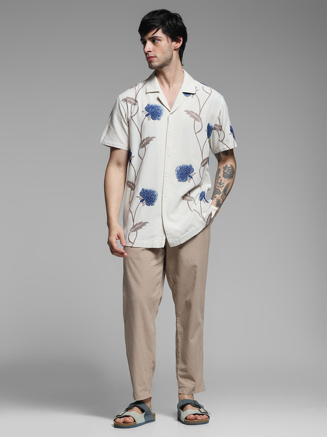 Light Brown Linen Floral Shirt