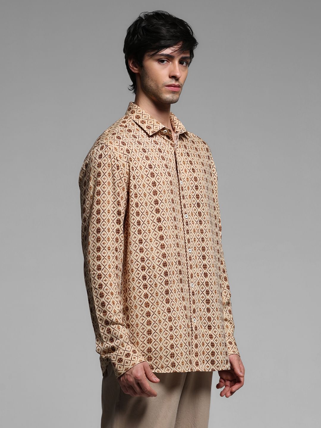 Brown Printed Linen Full Sleeves Shirt