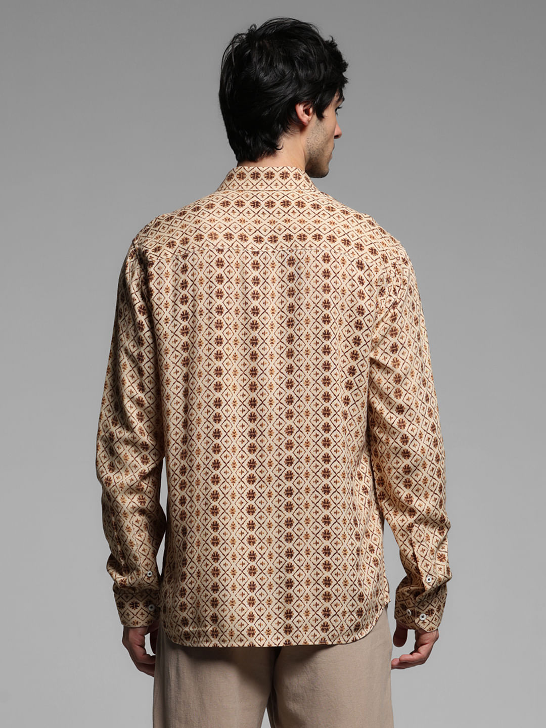Brown Printed Linen Full Sleeves Shirt