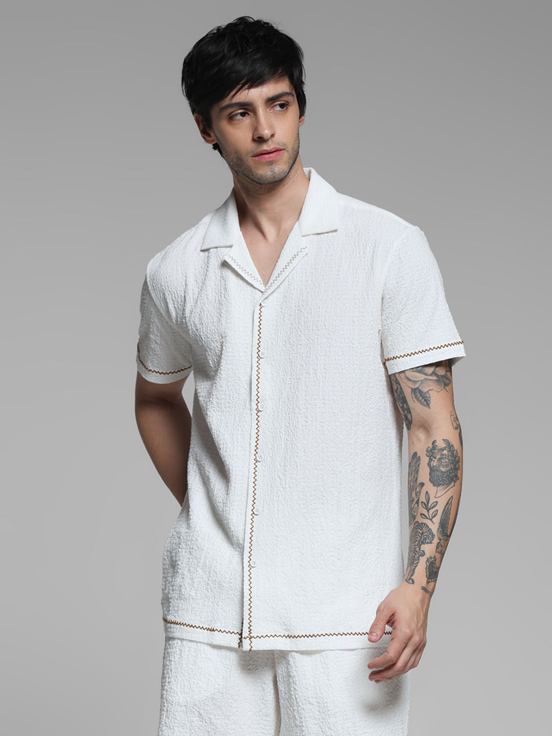 White Embroidered Co-ord Set Shirt