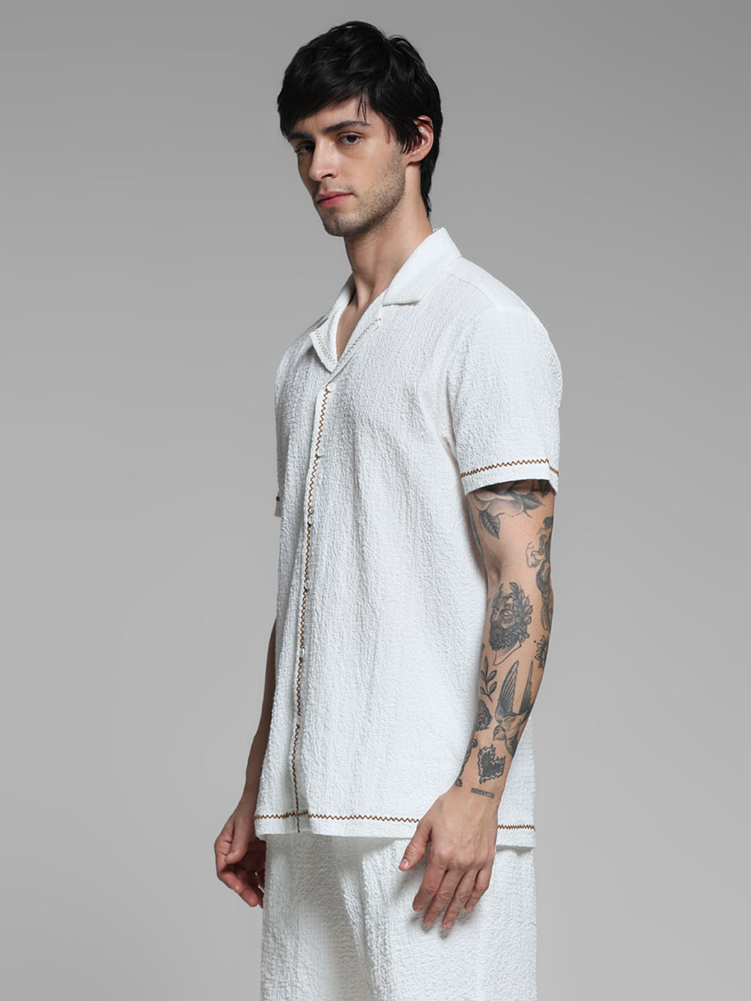 White Embroidered Co-ord Set Shirt