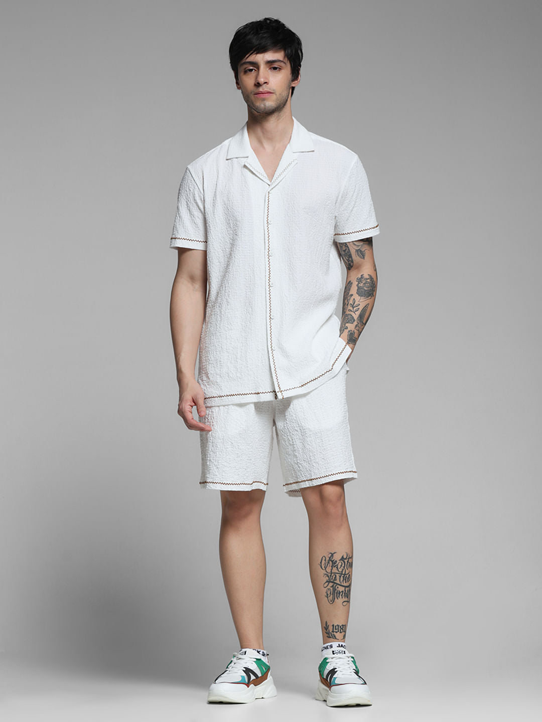 White Embroidered Co-ord Set Shirt