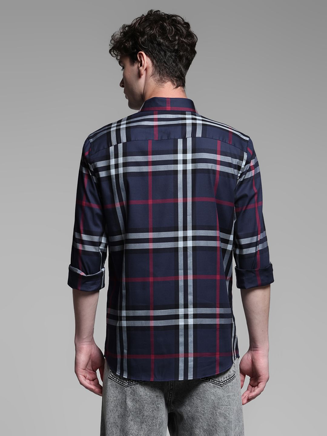 Navy Blue Check Stretch Shirt