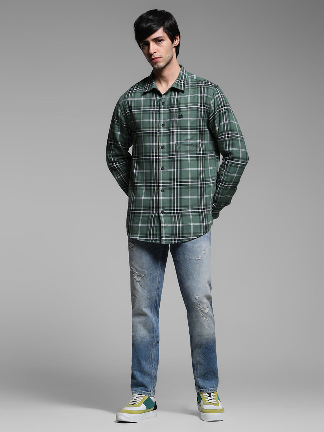 Green Check Cotton Full Sleeves Shirt