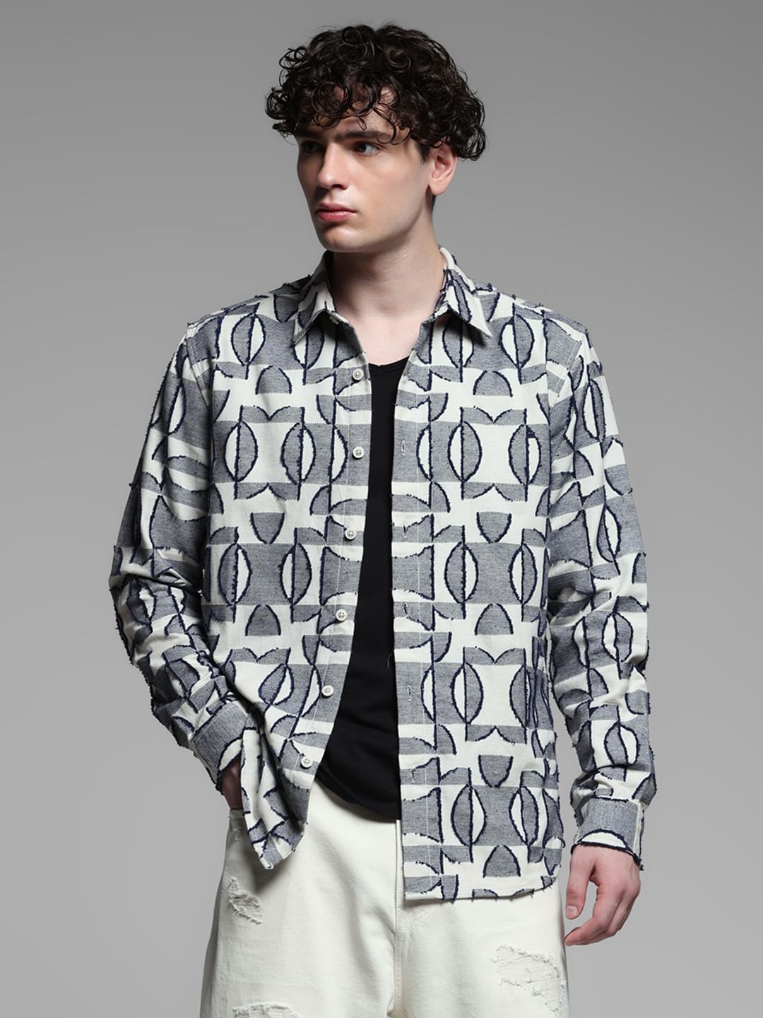 Grey Jacquard Printed Cotton Shirt