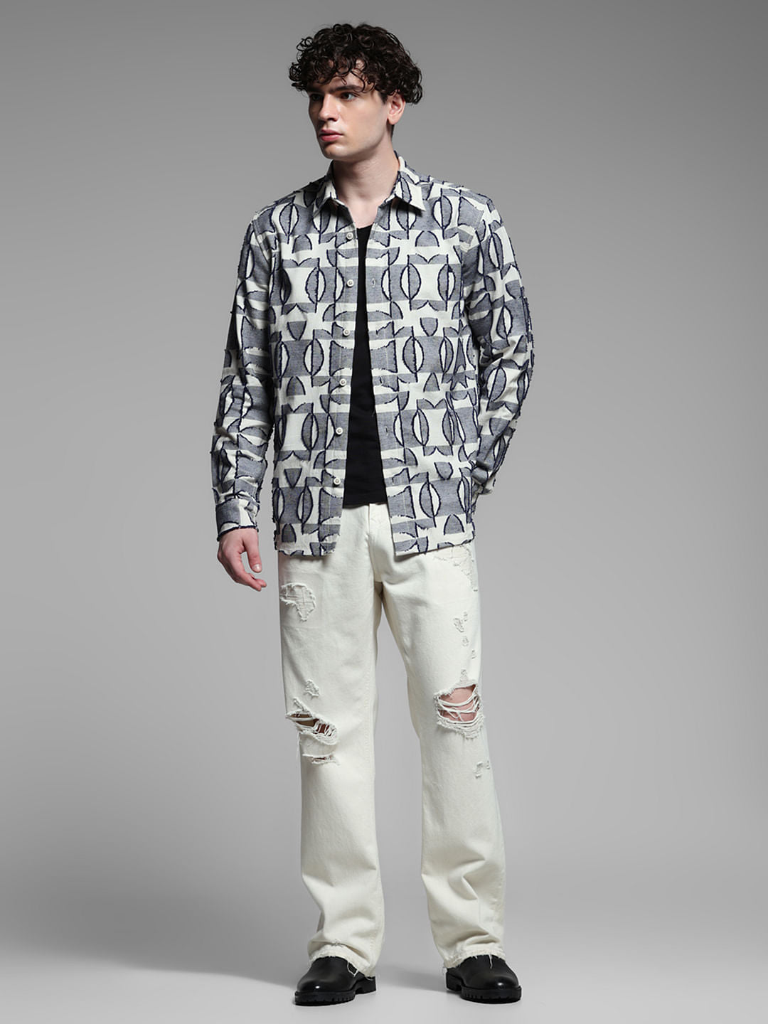 Grey Jacquard Printed Cotton Shirt