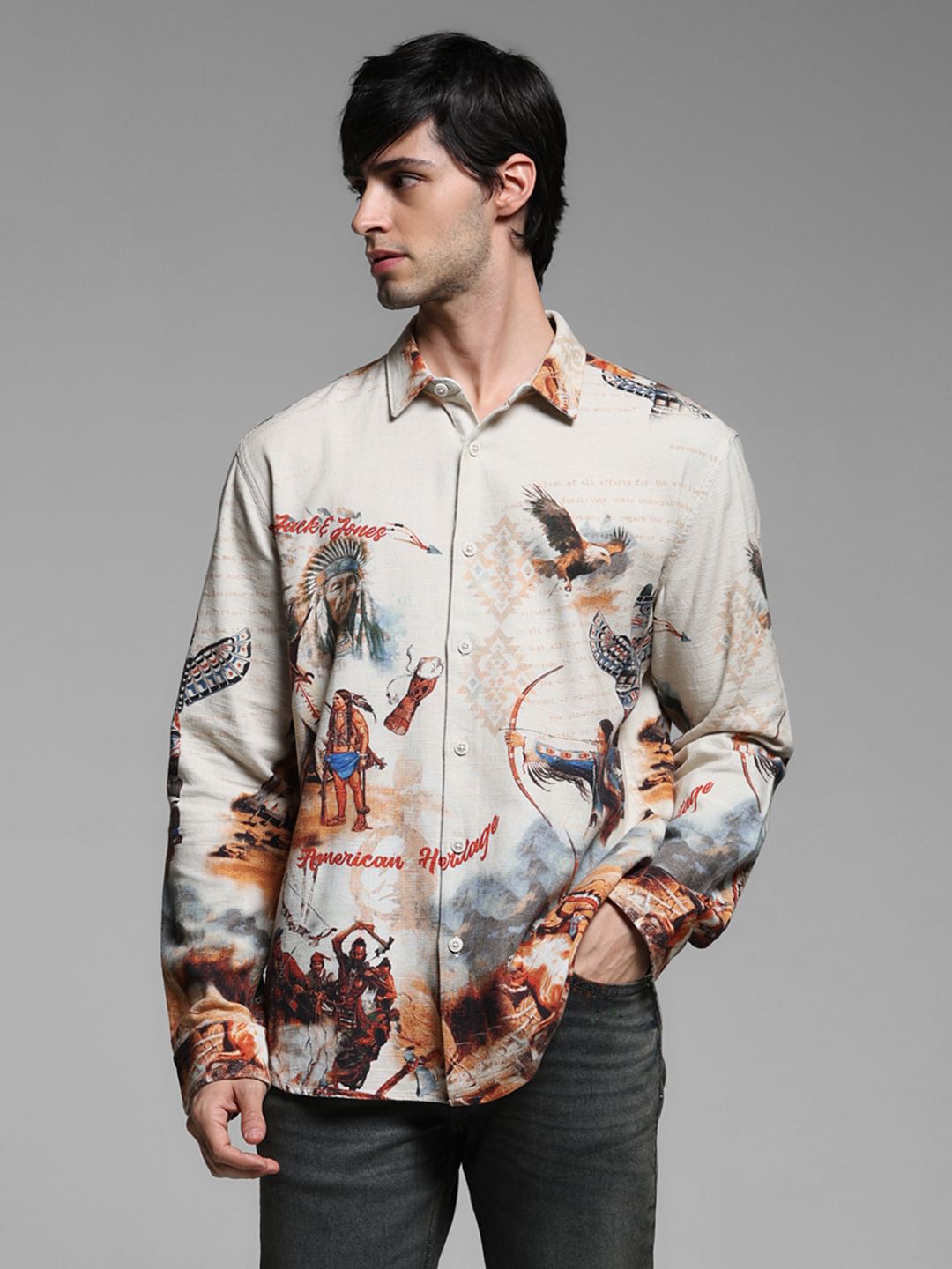 Brown Printed Cotton Full Sleeves Shirt