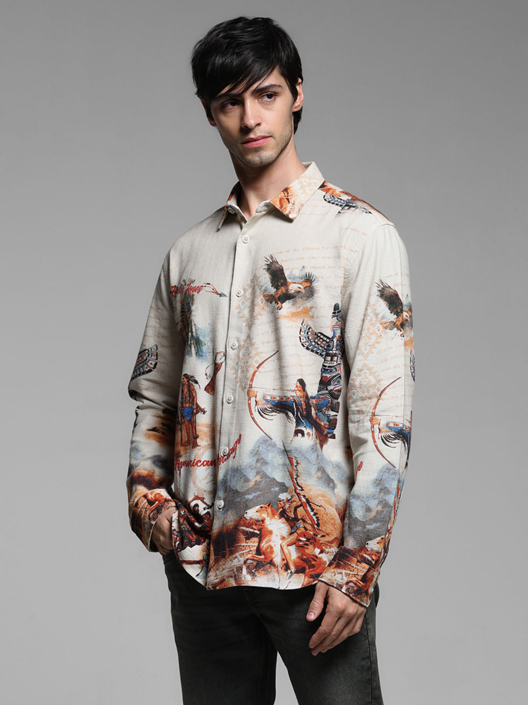Brown Printed Cotton Full Sleeves Shirt