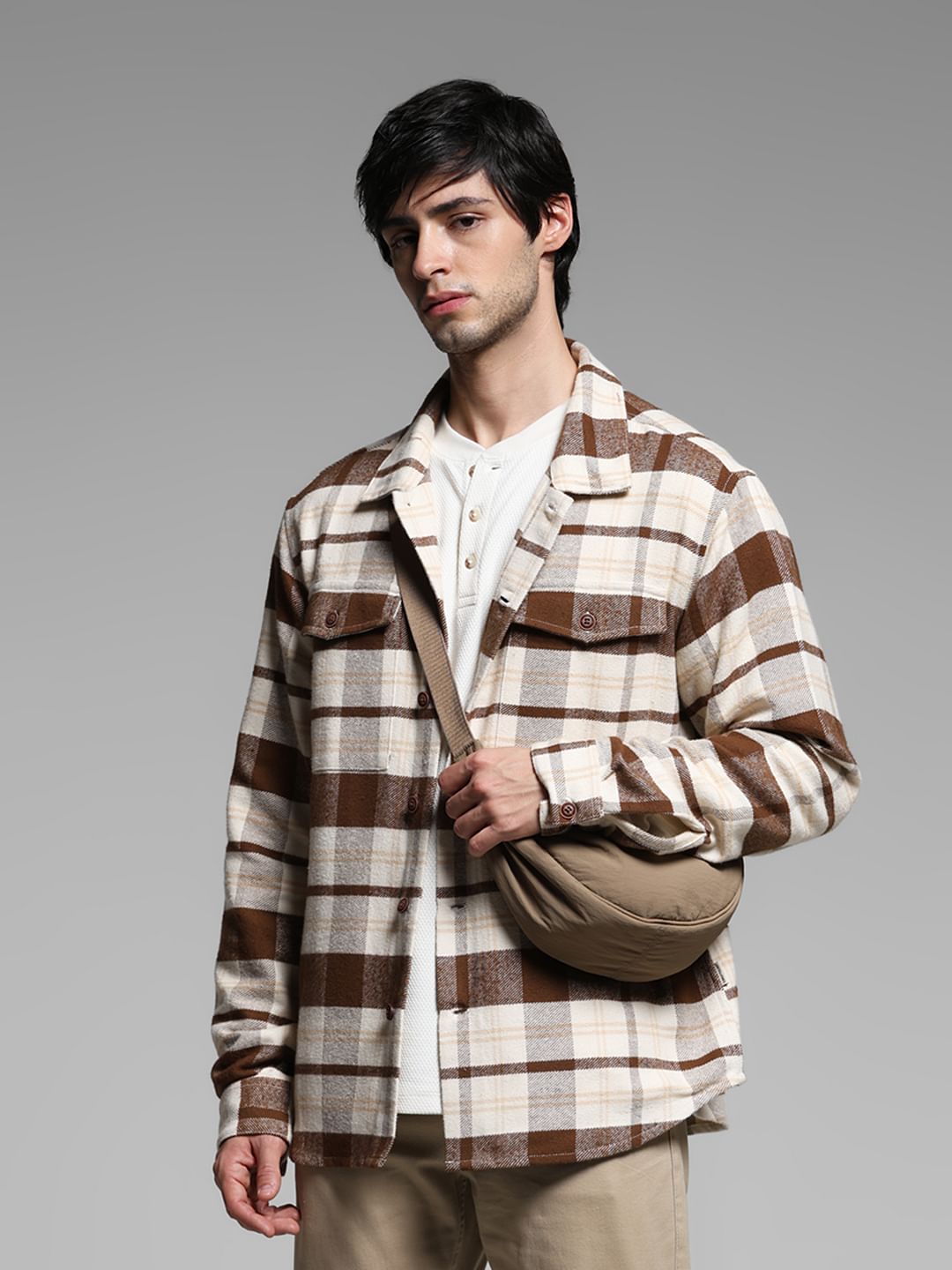 Beige Flannel Check Shacket