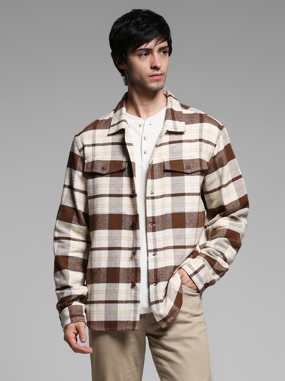 Beige Flannel Check Shacket