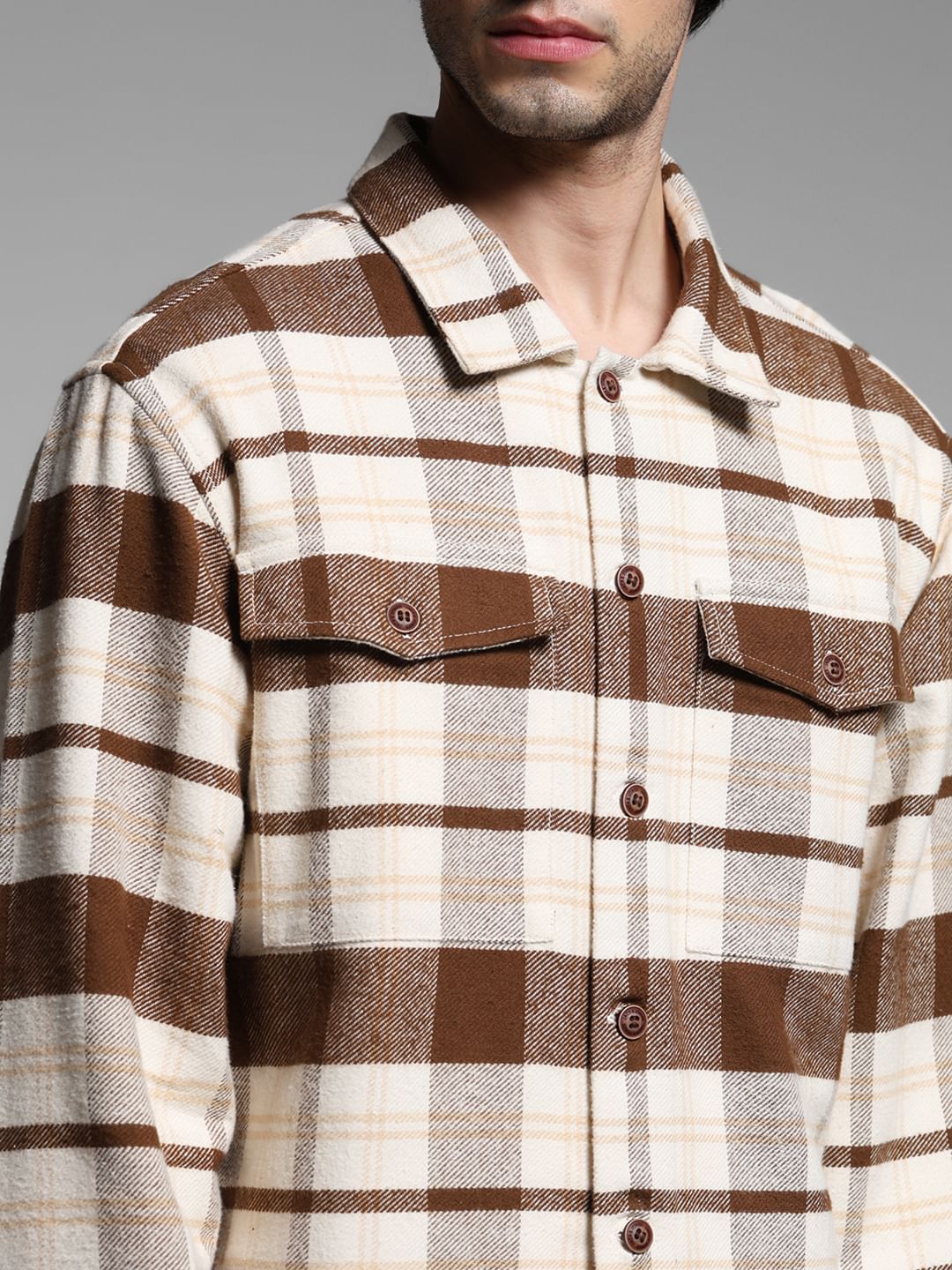 Beige Flannel Check Shacket