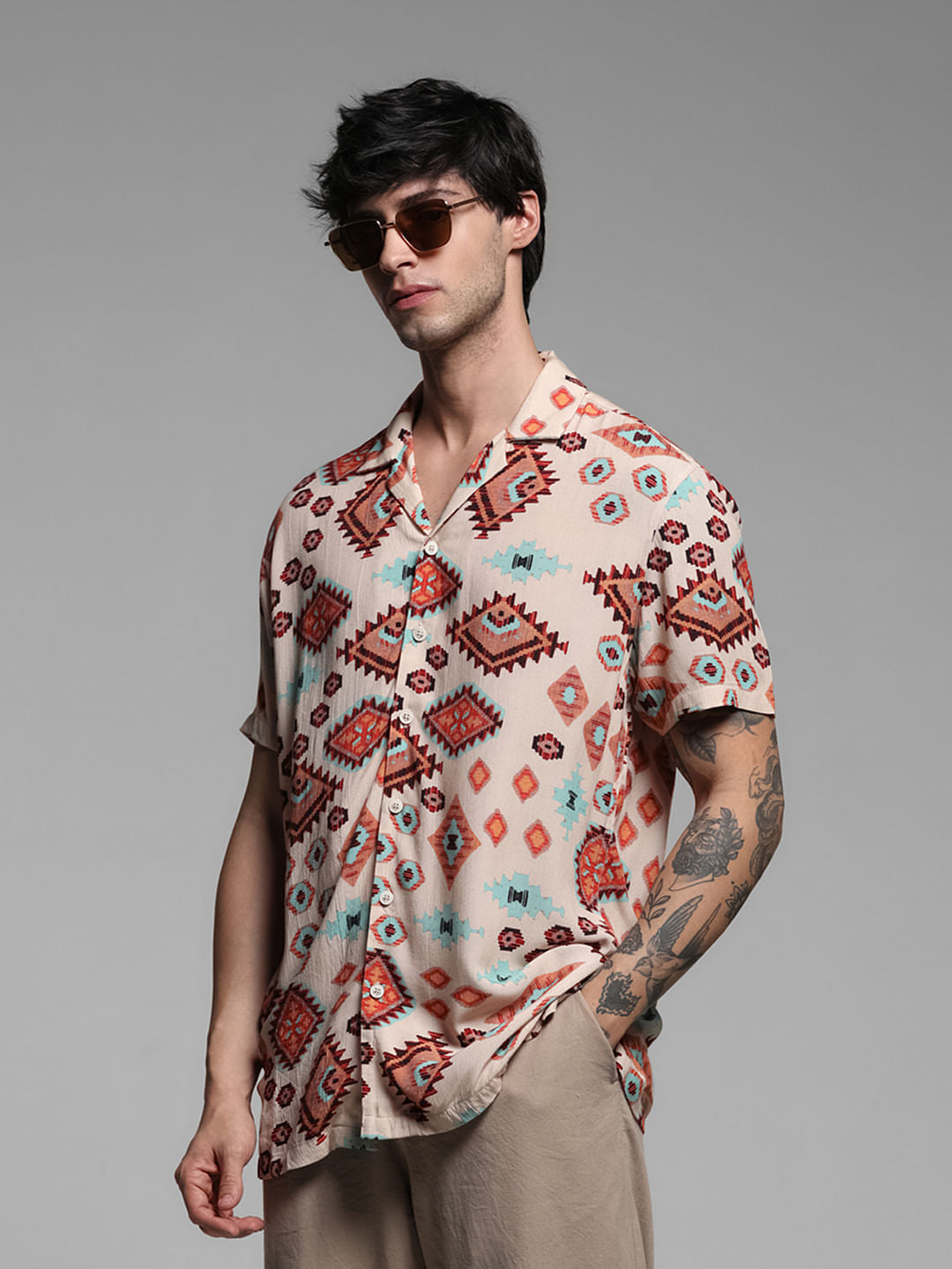 Brown Crepe Printed Short Sleeves Shirt