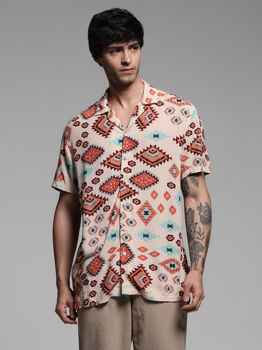 Brown Crepe Printed Short Sleeves Shirt