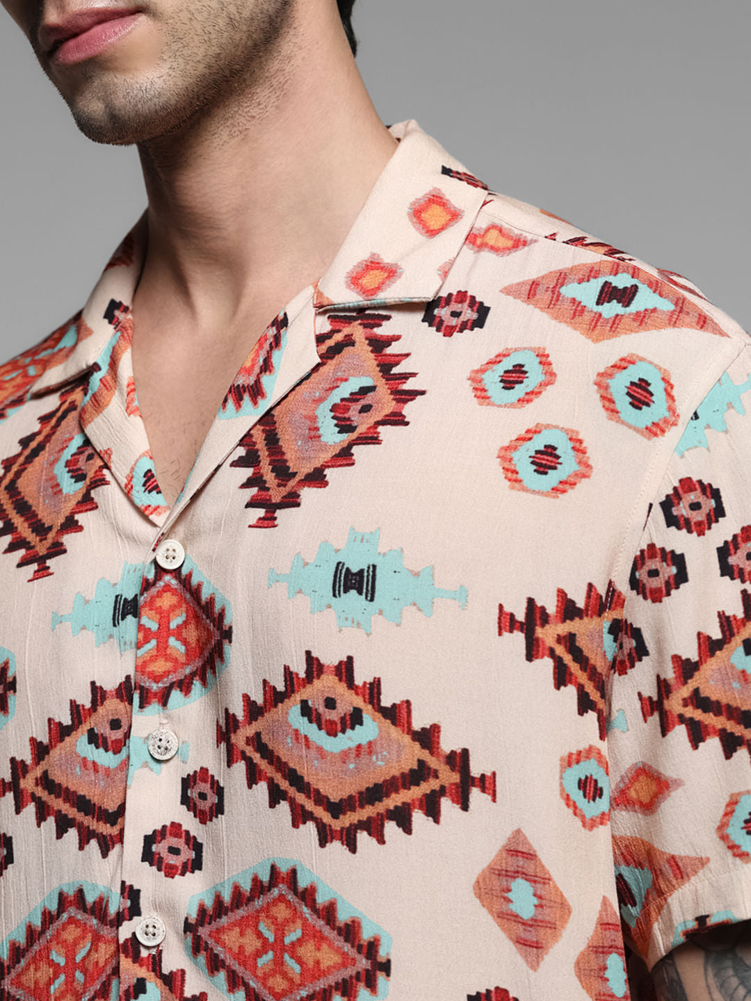 Brown Crepe Printed Short Sleeves Shirt