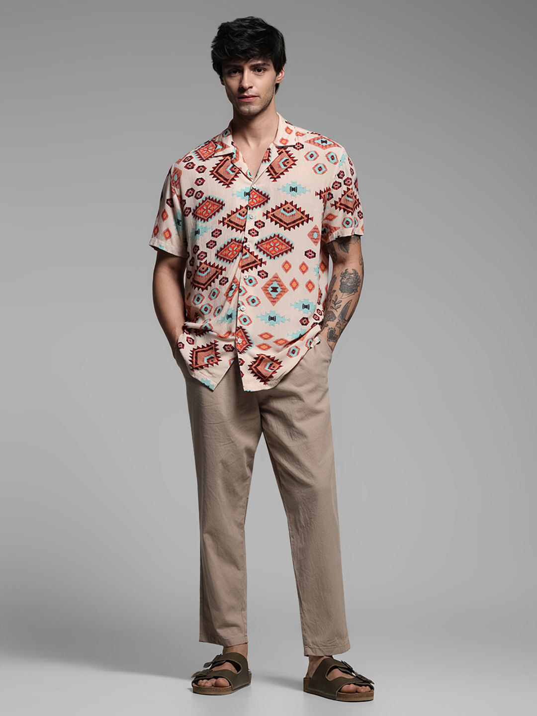 Brown Crepe Printed Short Sleeves Shirt