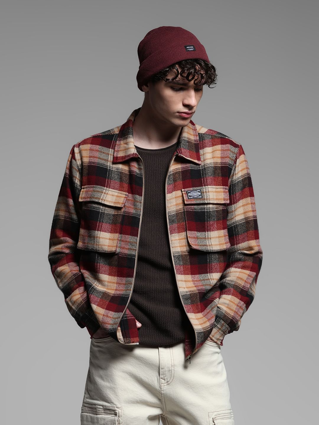 Red Check Zip-Up Cotton Shirt