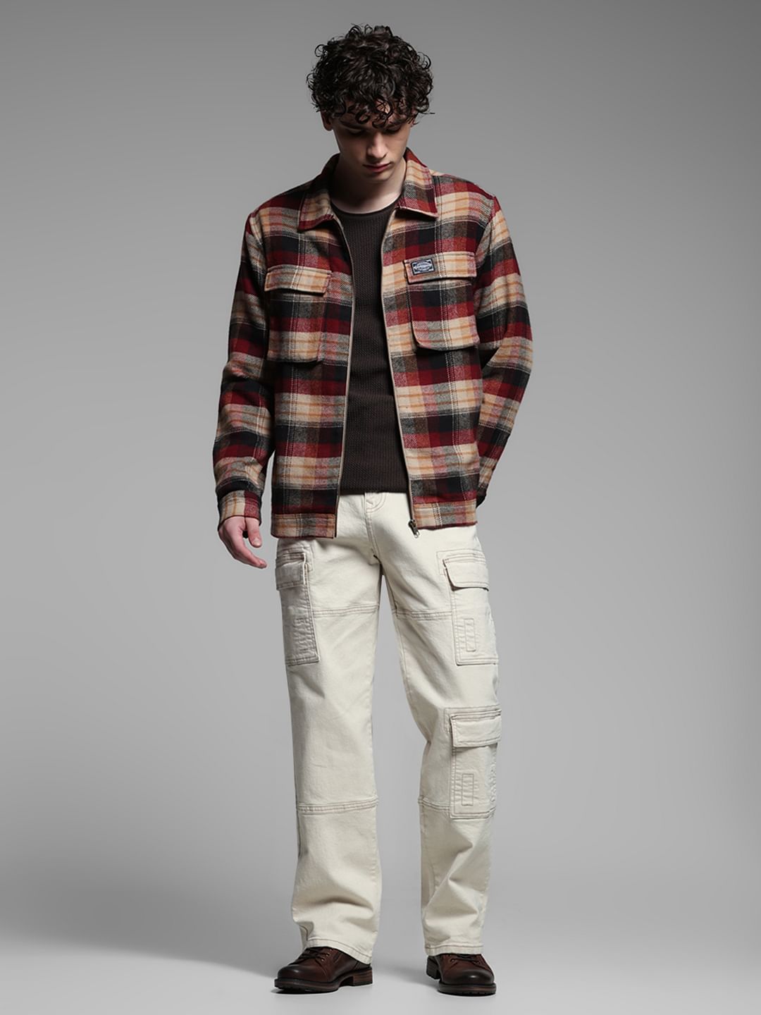 Red Check Zip-Up Cotton Shirt