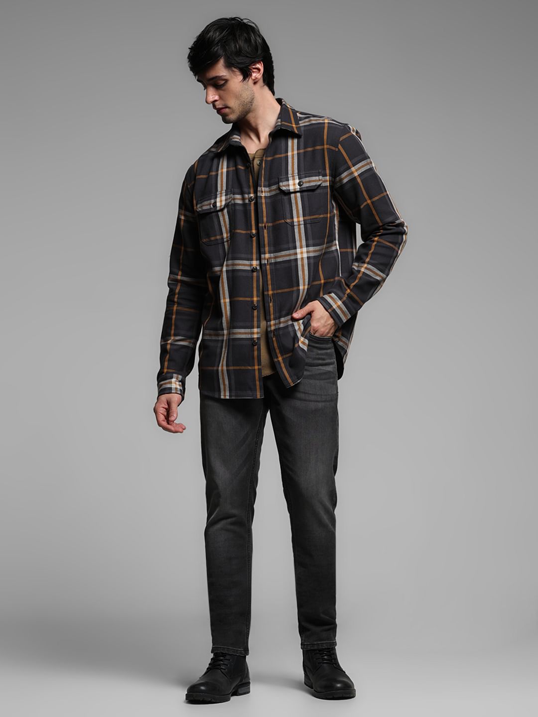 Dark Grey Check Full Sleeves Shirt