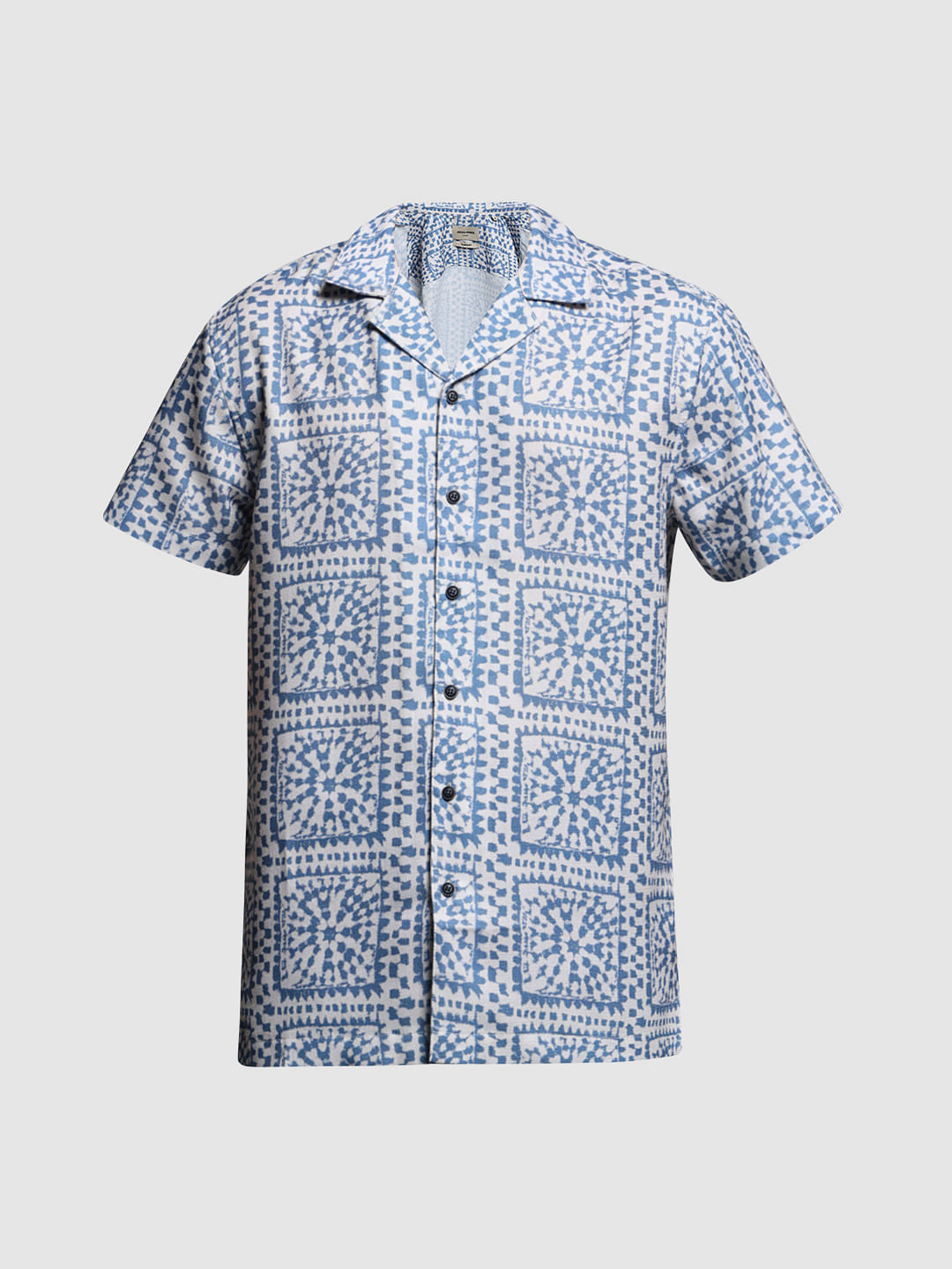Blue Crochet Printed Short Sleeves Shirt