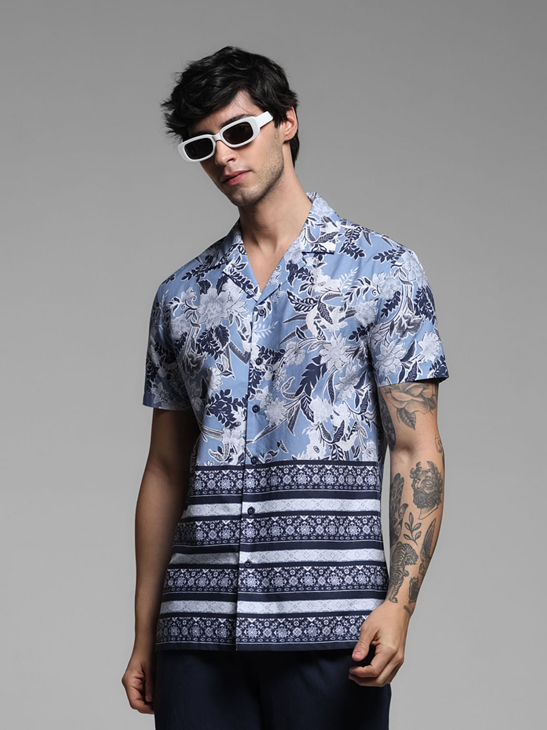 Blue Floral Short Sleeves Shirt